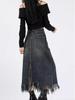 Women's High-Waisted Denim Midi Skirt, Autumn 2025: Slimming A-Line with Split, Fringe, and Hip-Hugging Design