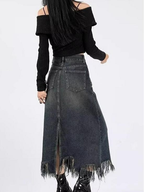 Women's High-Waisted Denim Midi Skirt, Autumn 2025: Slimming A-Line with Split, Fringe, and Hip-Hugging Design