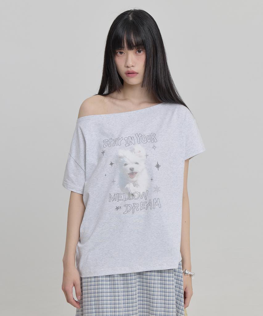 WAIKEI Mellow Dream Cloud Off-Shoulder Short-Sleeve T-Shirt Melange White