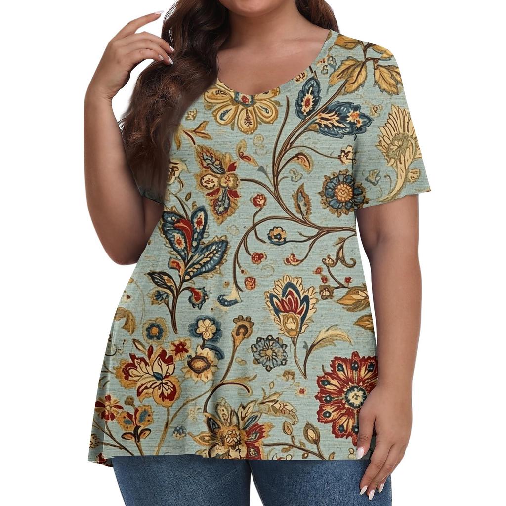 Women's Fashion Casual V-Neck Pullover Short Sleeve Large Size Vintage Printed Top