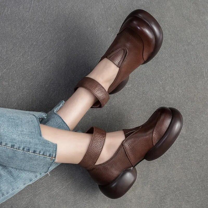 Johnature Genuine Leather Round Toe Thick Sole Pumps Casual Comfortable Hook & Loop Women's Shoes