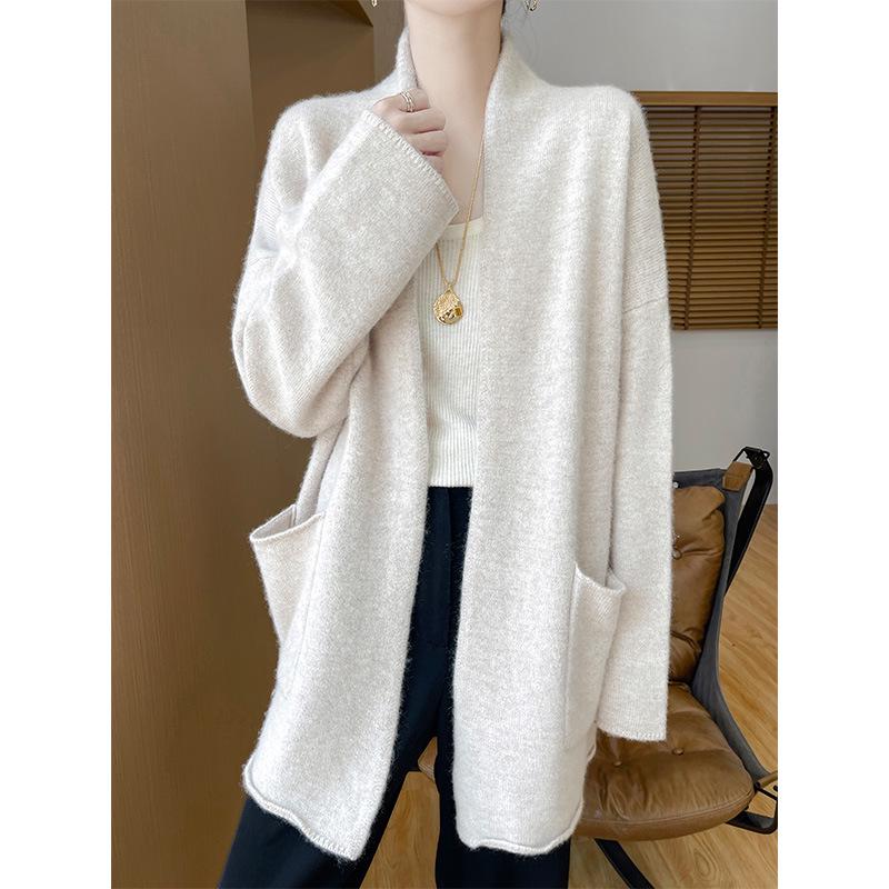 Women's Wool Knit Cardigan - Autumn/Winter 2024, Loose Mid-Length Long Sleeve Sweater/Jacket