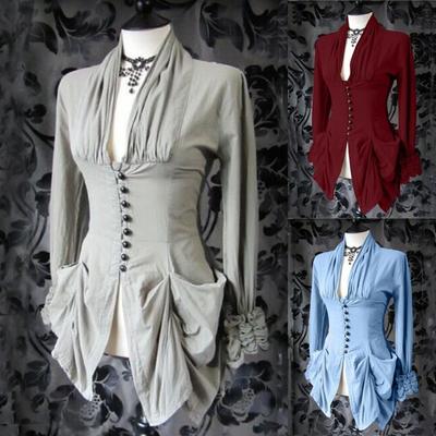 Women Long Sleeve Retro Lace Trim Button Up Vintage Irregular Tailcoat Outwear