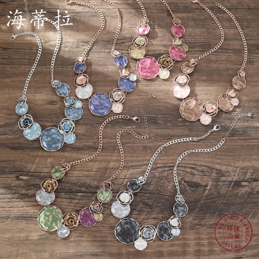 Color painting oil rose necklace, geometric hollow rose lady high-end spring color necklace