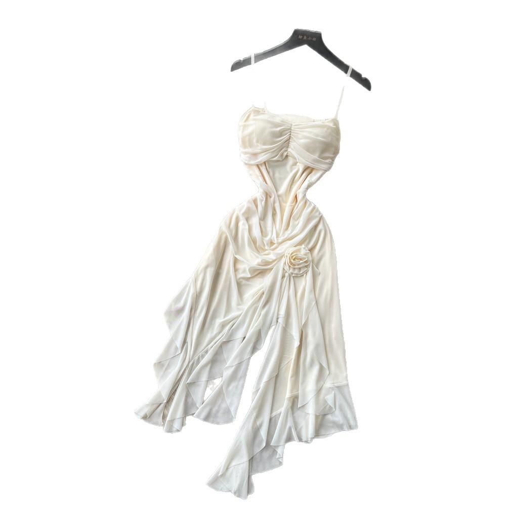 French Purple Suspender Sleeveless Dress Women's Summer Three-dimensional Flower Waist Thin Irregular Holiday Dress