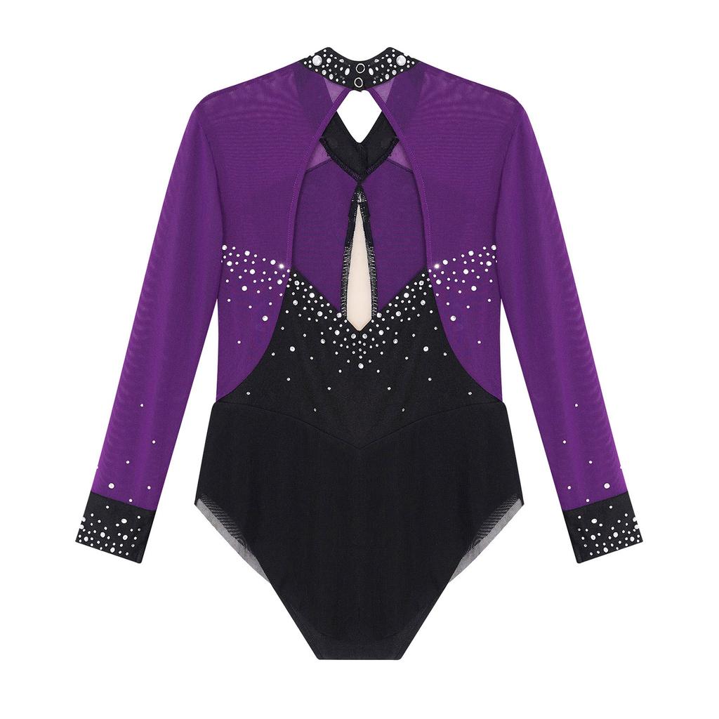 Kids Girls Ballet Dance Leotard Dress Figure Skating Rhythmic Gymnastics Bodysuit Shiny Rhinestones Mesh Skirted Jumpsuit