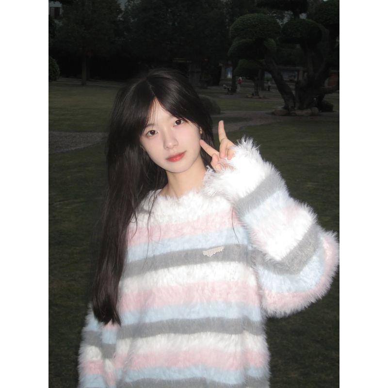 

Stylish Soft Glutinous Gradient Striped Retro Loose Sweater Gray pink M
