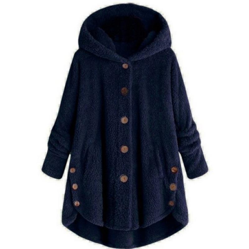 Women S Solid Color Hooded Button Plush Casual Coat