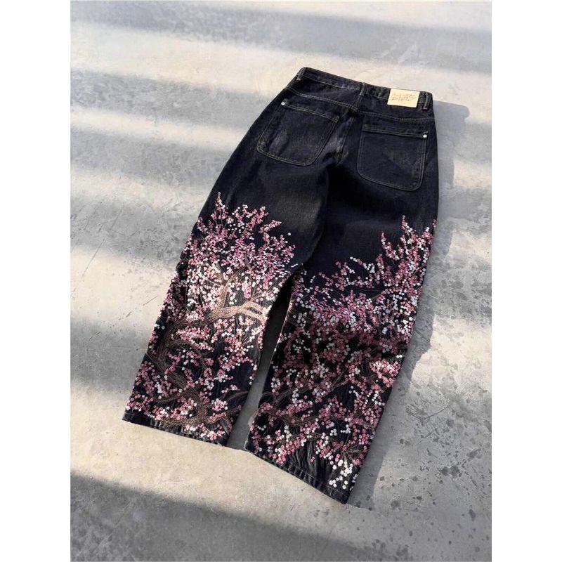 

European and American Cross-Border Vintage Heavy-Duty Floral Embroidery Wide-Leg Jeans for Men and Women, High-Waisted Fashion Street Style Pants Black 2 (in Stock) L