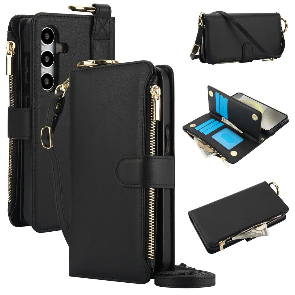 Ring Lanyard Zipper Leather Wallet Case for Samsung Galaxy A55 A15 A54 A14 A53 S25 Ultra Edge S26 S22 S23 S24 Fe Plus A16 Cover