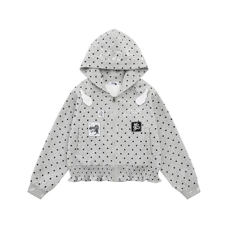 Vintage Polka Dot Embroidered Hoodie Loose Fit Casual Short Sweatshirt Women Streetwear