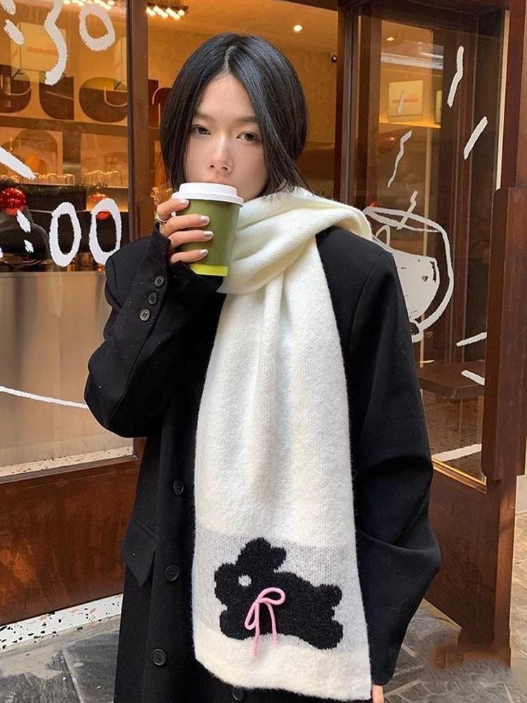 Women Winter Sweet Knitted Scarf Headscarf Ladies Casual Preppy Rabbit Print Warm Scarve Mujer Foulard Wrap Shawl Fashion New