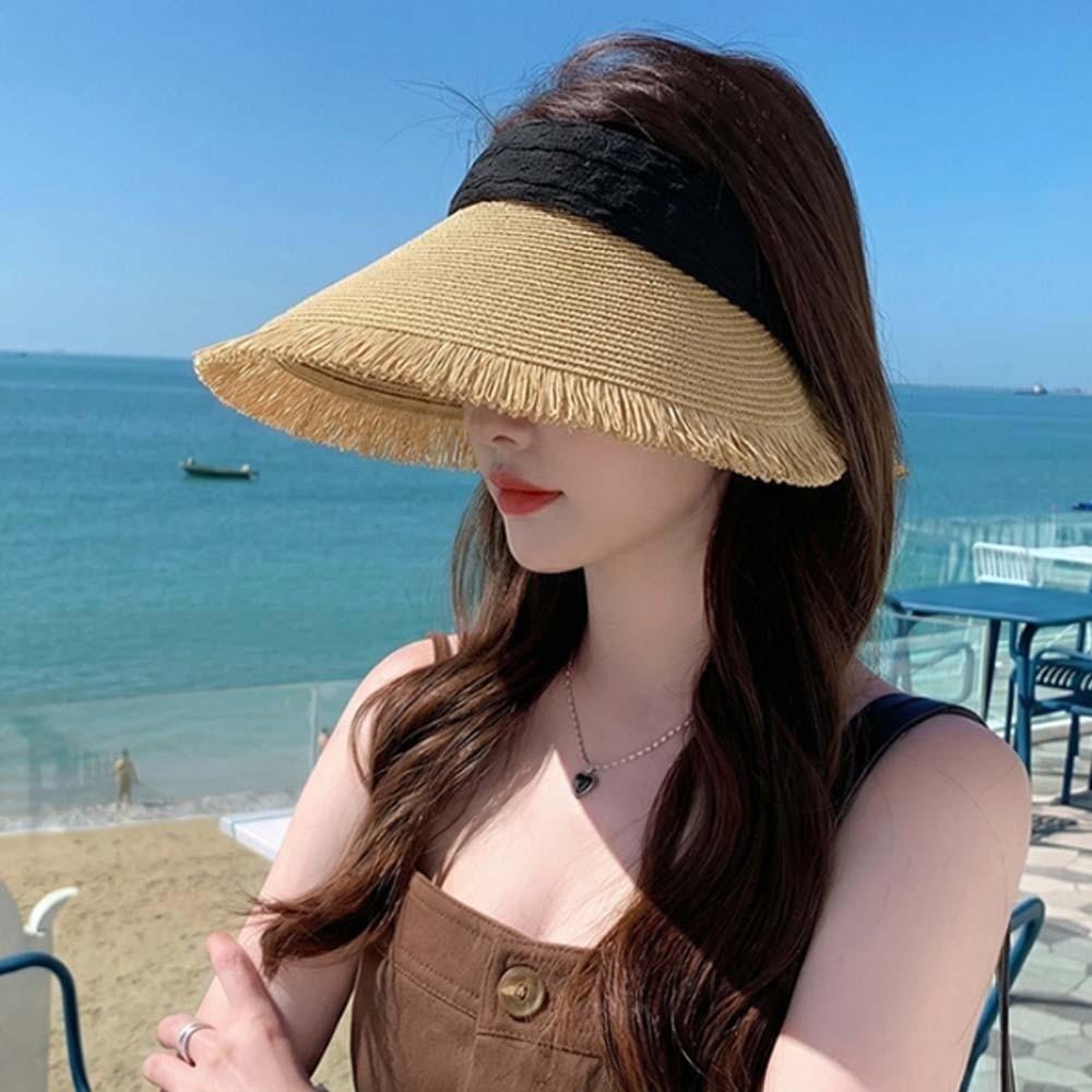 Portable Straw Visor Cap Solid Color Folding Sunshade Hat Top Air Cap Wide Brim Woven Cap  Summer