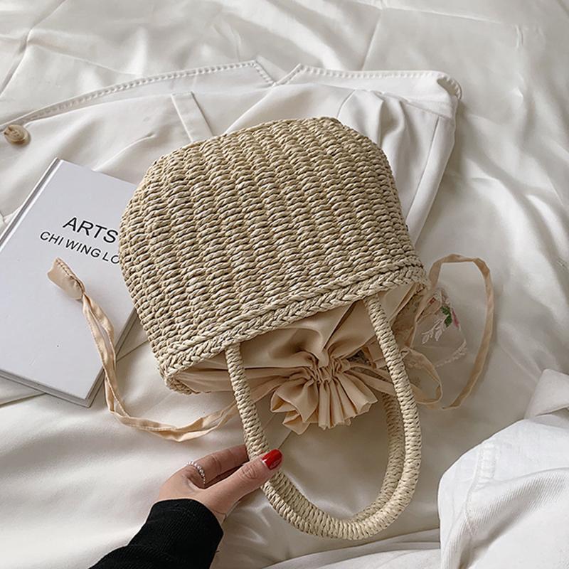 Yogodlns Summer New Lace Straw Handbag Female Large Capcacity Rattan Beach Bag Travel Vacation Bag Handmade Gilr Bucket Bag Tote