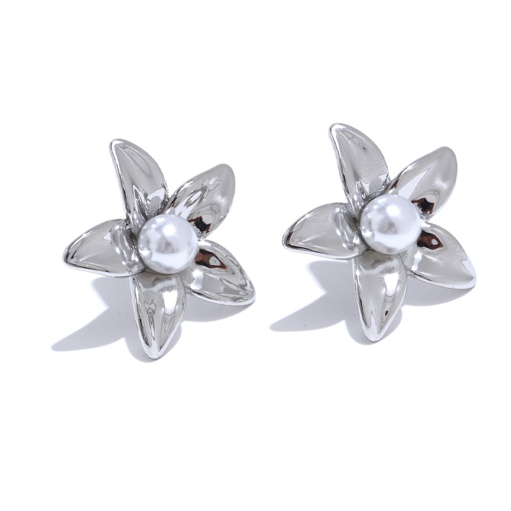 Yhpup Popular Flower Daily Fashion Stud Earrings Imitation Pearl Stylish Stainless Steel Waterproof Temperament Jewelry