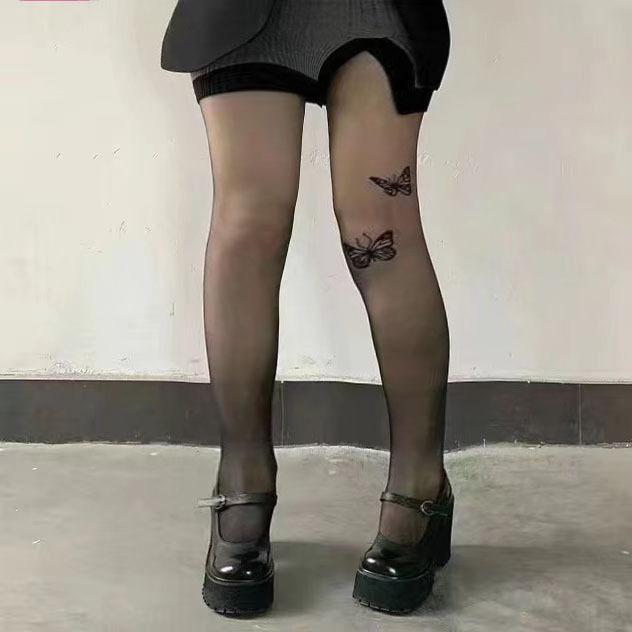 

Tattoo stockings black silk spring and autumn women s pure desire anti-hook stockings bottom socks butterfly white silk pantyhose beautiful legs one size fits all (45-65kg)