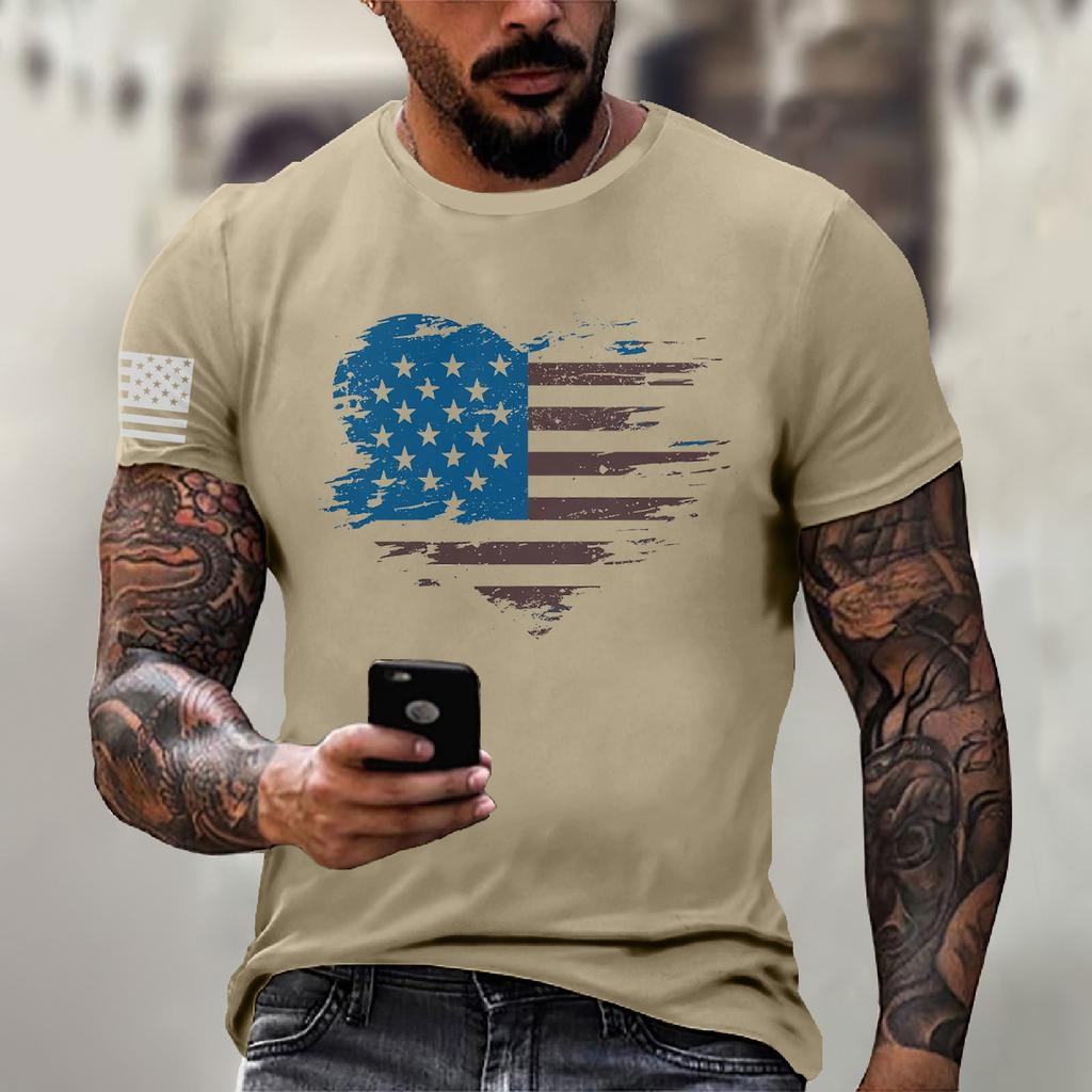 Men's Fashion Casual Short Sleeve Round Neck Independence Day Flag T-Shirt Top