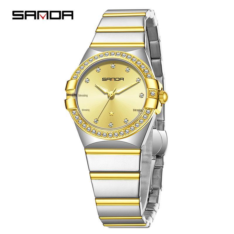 SANDA Dames Luminous Kwarts Horloge: Stalen Band, Bez Diamonds, Waterdicht, met Sunray Parelmoer Wijzerplaat.