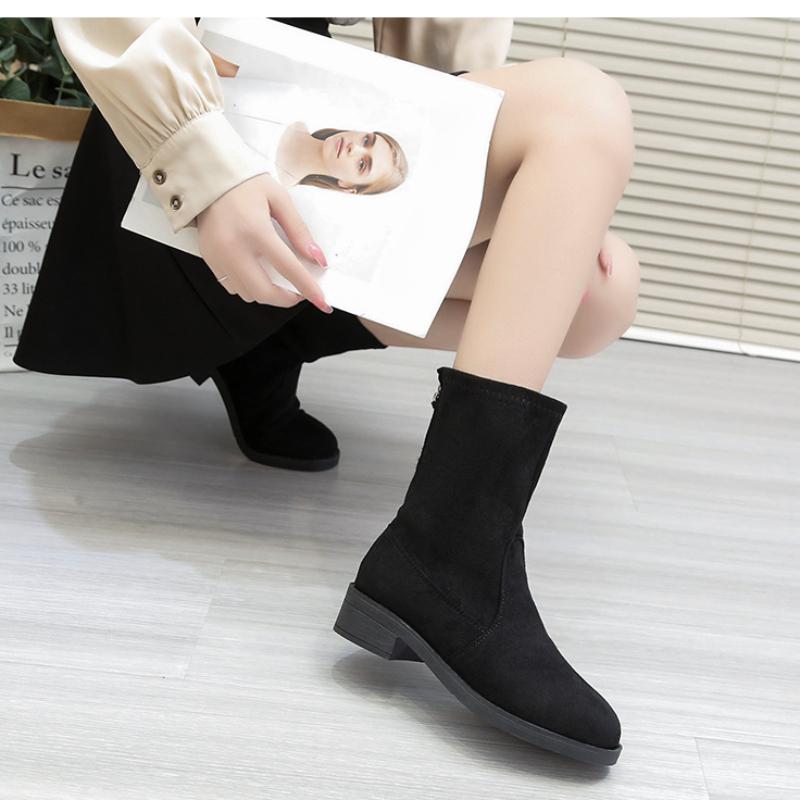 Mode Neue Schuhe für Frauen Mode Reißverschluss Damenstiefel Winter Runde Zehe Solide Flock Casual Short Barrel Niedrigen Absätzen Römerschuhe Frauen