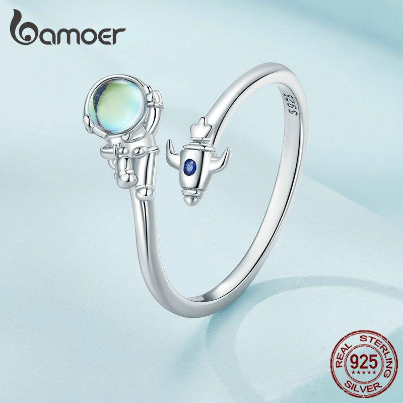 Bamoer 925 Silver Spaceman & Spacecraft Opening Ring Astronaut Adjustable Ring for Women Birthday Gift Fine Jewelry