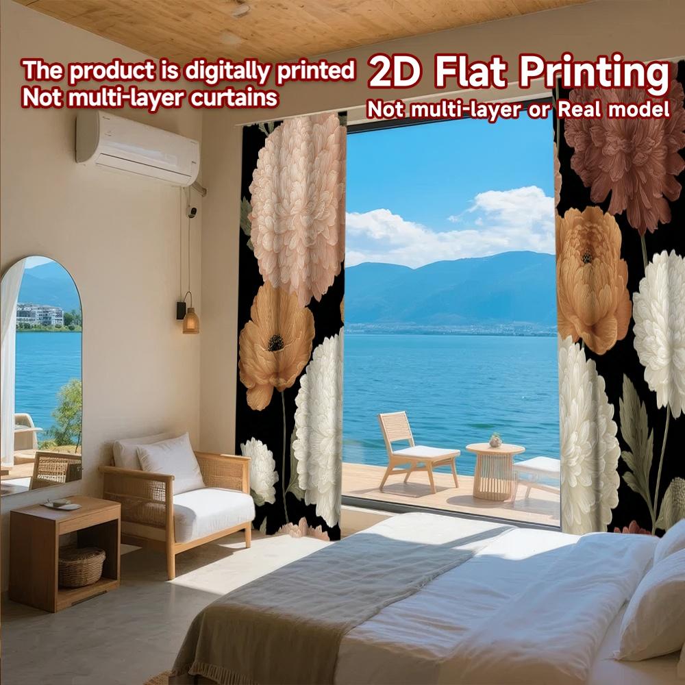 2D FLAT PRINTING 2pcs Curtains (Without Rod) Floral Elegance on Dark Background(1) New year Festival Fashion Curtains Fabric