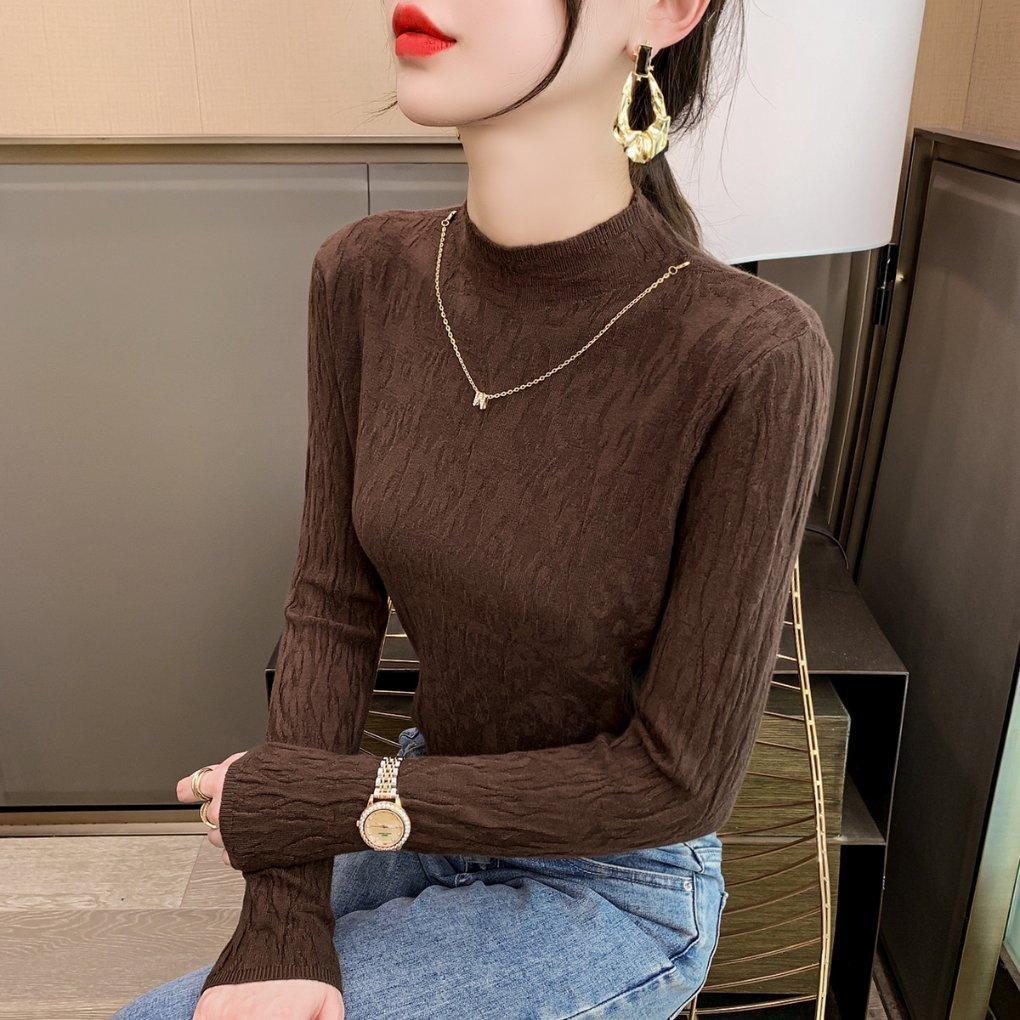 Halbhoher Kragen, strukturiertes Basishemd, mittelhoher Halsausschnitt, faltiges Oberteil, langärmeliger Pullover für den Frühherbst