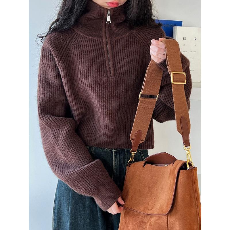 Korean Design Turtleneck Semi-zipper Women Short Autumn New High-waist Sweater Loose Thick