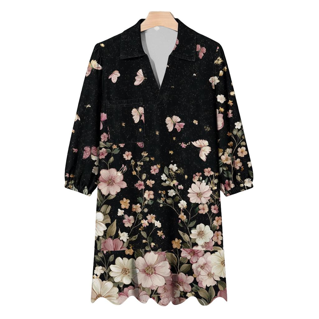 Damenmode Elegant Herbst Und Winter Langarm V-Ausschnitt Weihnachtsprint Kleid