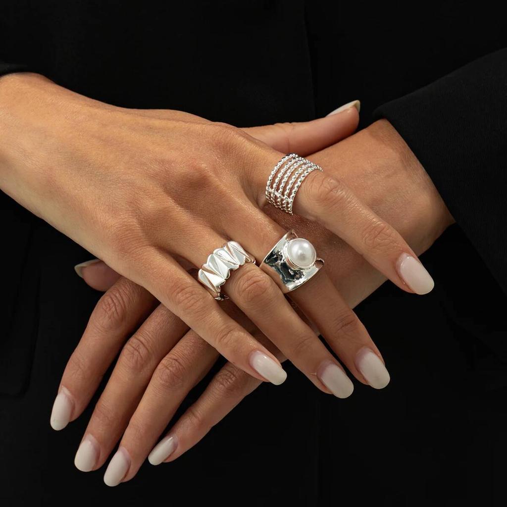 Salircon 3Pcs/Set Vintage Geometry Hollow Lines Open Finger Ring Women New Elegant Inlay Imitation Pearl Ring Jewelry Accessory
