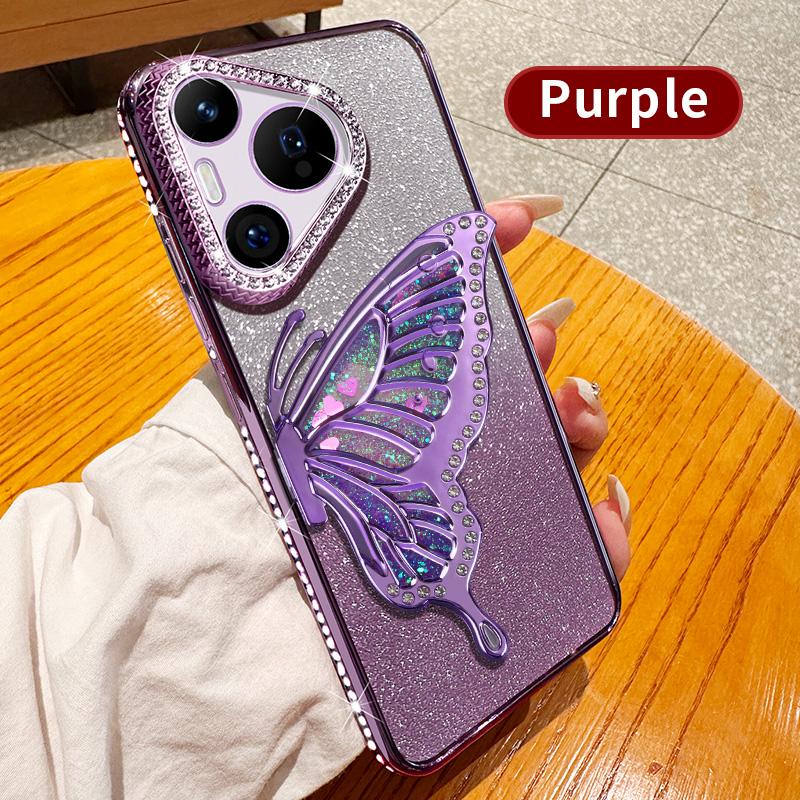 Diamond Glitter Liquid Quicksand Butterfly Phone Holder Case For Huawei Pura 70 P60 P50 Pro Silicone Cover