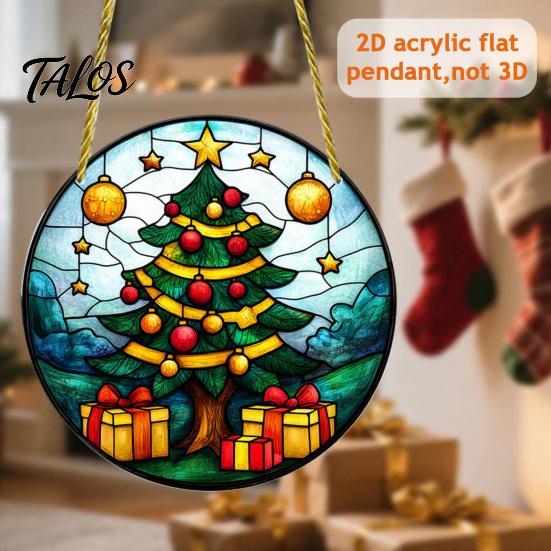 Stained Glass Style Holiday Decor Christmas Hanging Pendant, Acrylic Santa Claus Plants Ornaments with Lanyard Decorative for Xmas Tree Decoration,