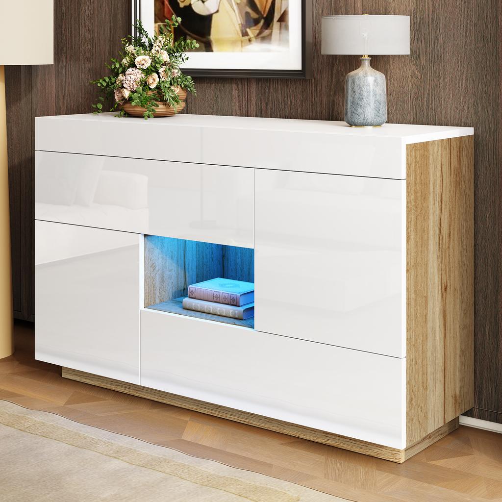 Sideboard, High-Gloss Sideboard, Display Cabinet, with Color-Changing LED Lighting, with Drawers