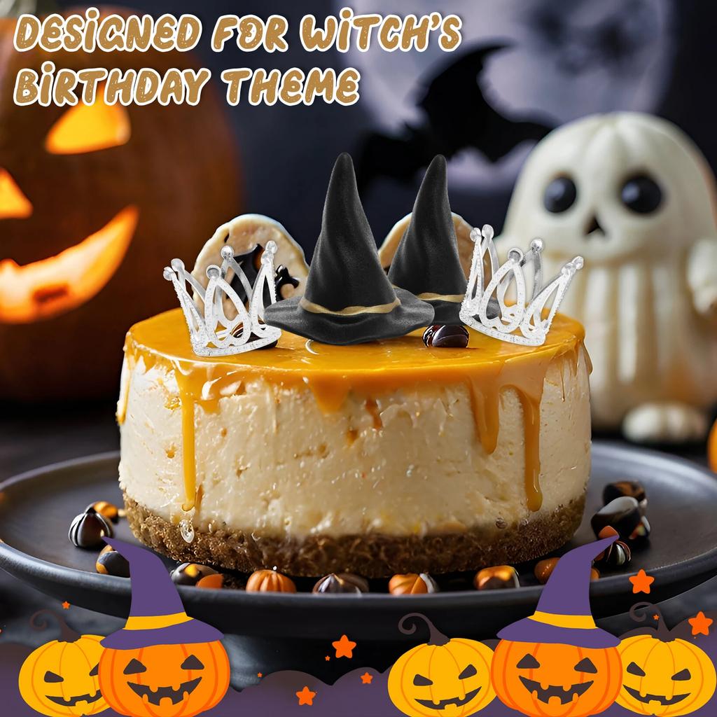 24Pcs Witch Hat and Crown Cake Topper for Kids Birthday Baby Shower Party Decorations Silver Crown Decor Princess Cake Accessory