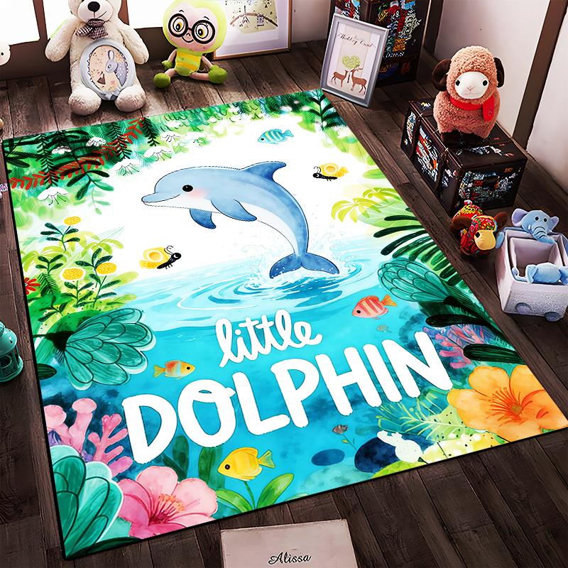 Colorful Carpet with Dolphin, Tropical Ocean Scene, Little Dolphin Text Suitable for use as an anti-slip for living room bedroom sofas