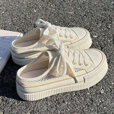 Pantoufles épaisses à bout rond pour femmes et sandales pour dames Chaussures en toile à mailles respirantes Extérieur Tendance 2025 Diapositives élégantes en promotion