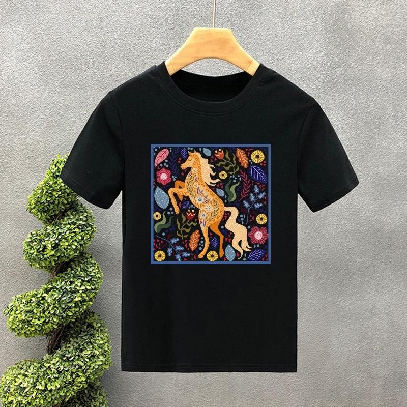 25 Summer Short Sleeve Horse and Floral Print T-Shirt Men's Creative Crew Neck Top Hip Hop Fashion Cotton Streetwear Large Size