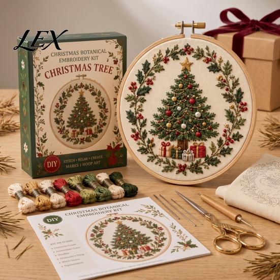Holiday Theme Embroidery Projects Christmas Kit for Beginners, Pre-Printed Pattern Full Set Art And Craft Kits Adults of Tools, DIY Needlework Festive