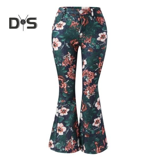 Women Denim Pants High-Waisted Floral Print Flared Jeans with Pockets Belt Ring Lightweight Breathable Jeans