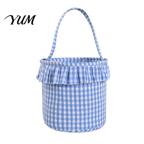 Holiday Decorative Storage Bins Halloween Basket, Plaid Ruffle Trick or Treat Candy Bucket with Handle Christmas Present Pouches for Kids, Reusable
