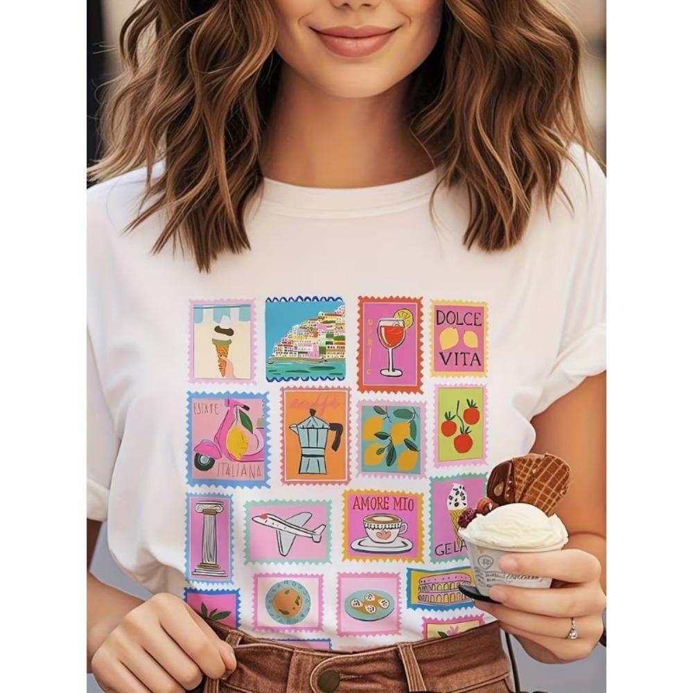 Italian Stamp Print T-Shirt Cute Italy Travel Stamps with Gelato Limoncello Amalfi Coast Short Sleeve Tee for Summer Outfits S