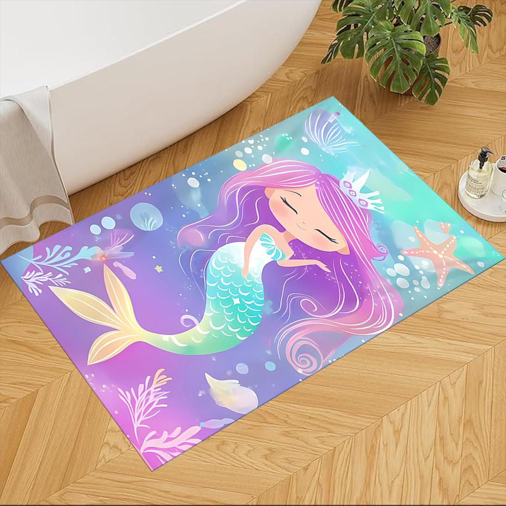 Mermaid Tail Fantasy Art Washable Door Mat Soft Plush Non-slip Bottom Kitchen & Bathroom Use Vibrant Floral Design Wedding Party Gift