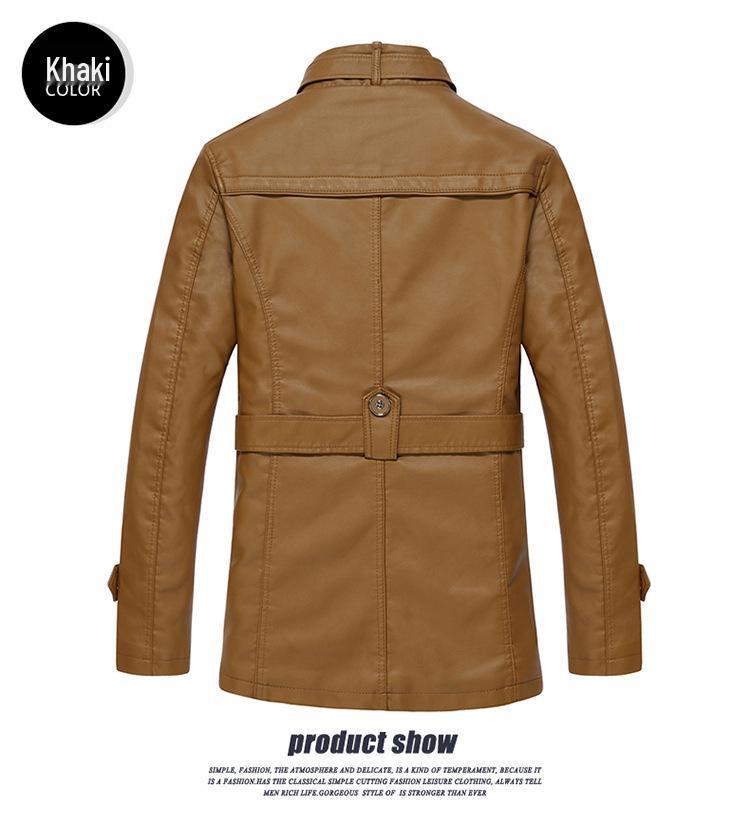 Men's Winter Fleece-Lined Leather Jacket, Mid-Length, Thickened, Casual, Middle-Aged, Warm Cotton Coat