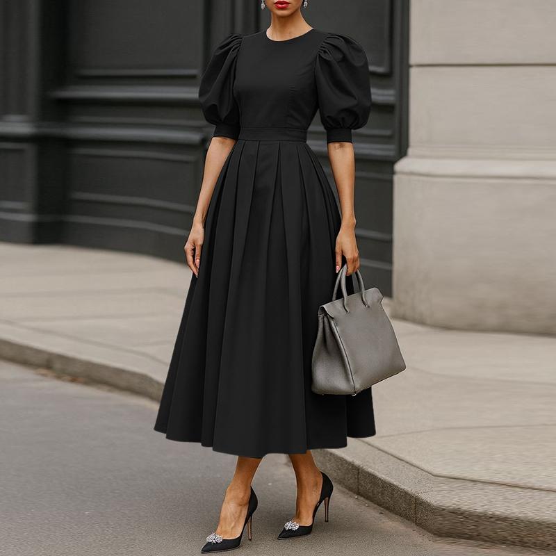 ZANZEA Damen Elegantes Puff-Kurzarm Freizeit-Langkleid