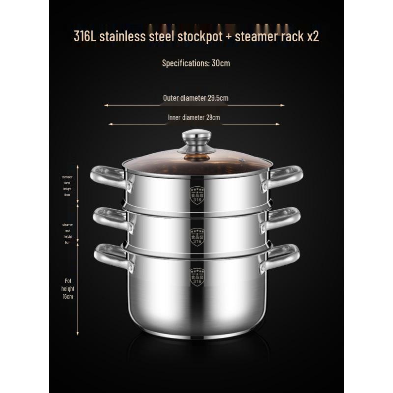 2025 Three-Layer 316 Stainless Steel Steamer & Soup Pot for Induction & Gas Stoves