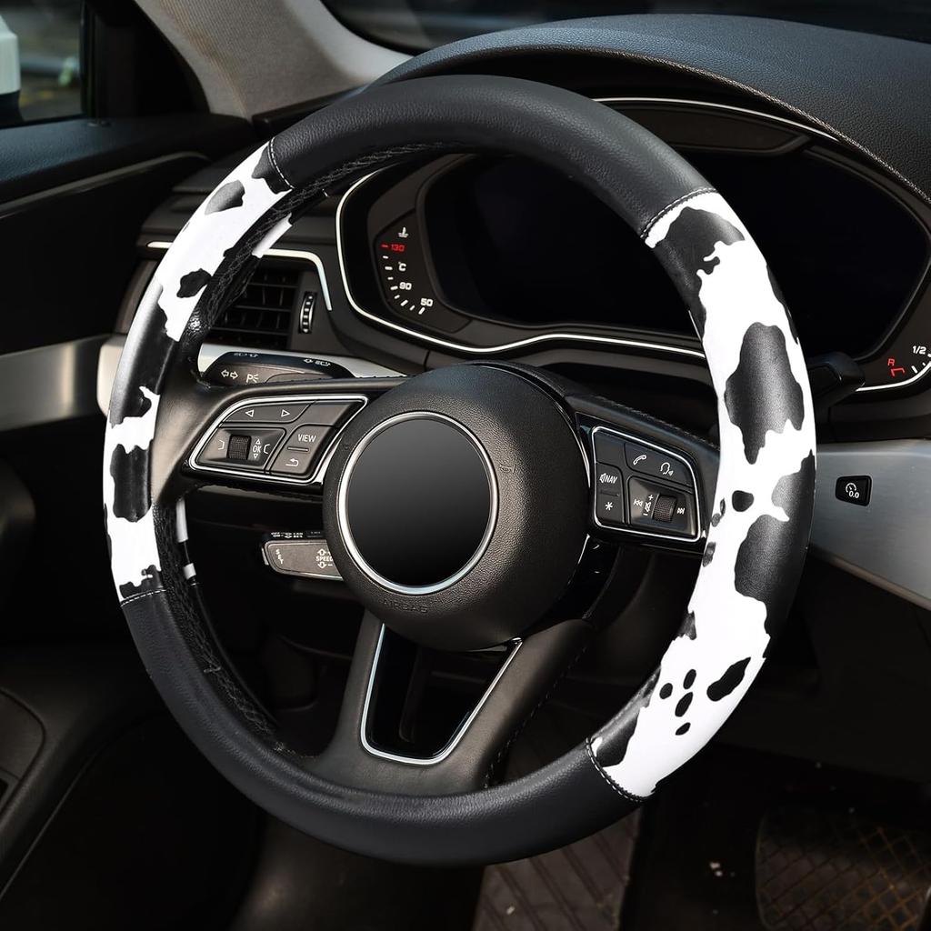 Cow Print Steering Wheel Cover, Universal 14.5-15 Inch Breathable Microfiber Leather Anti-Slip Car Steering Wheel Protector For Women Men,