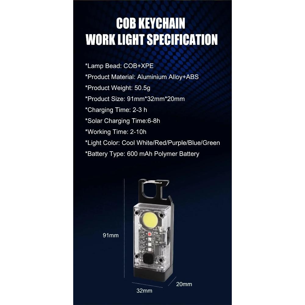 COB Keychain Work Light with Dual Light Source Rechargeable Solar Powered 9 Mode Magnet Base for Camping Fishing Repair Walk