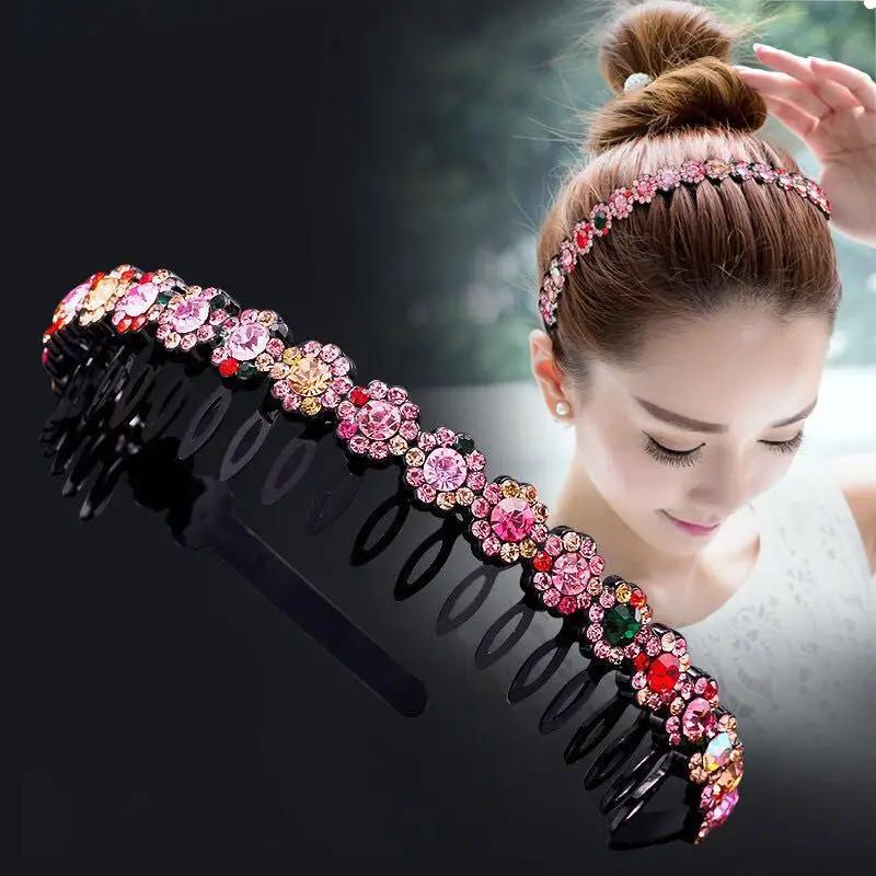 Unisex Hoop Top Metal Double Bangs Flower Rhinestone Hair Accessories Hairband Bezel Headband Men Women Hair Band Sports Hair