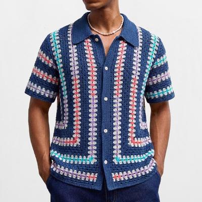 Men's European & American Style Water-Soluble Knit Cardigan Hollowed-Out Short-Sleeve Polo Shirt