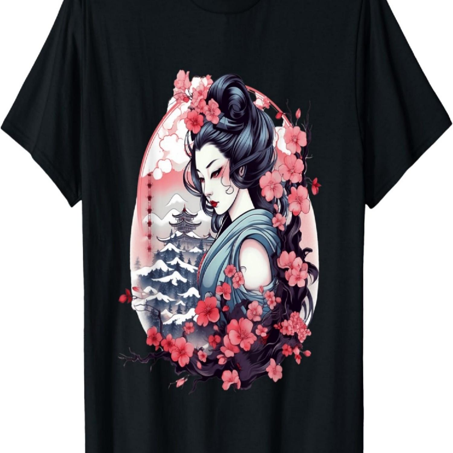 Футболка с гейшей, горой Фудзи, пагодой и цветами сакуры(9) S чёрный