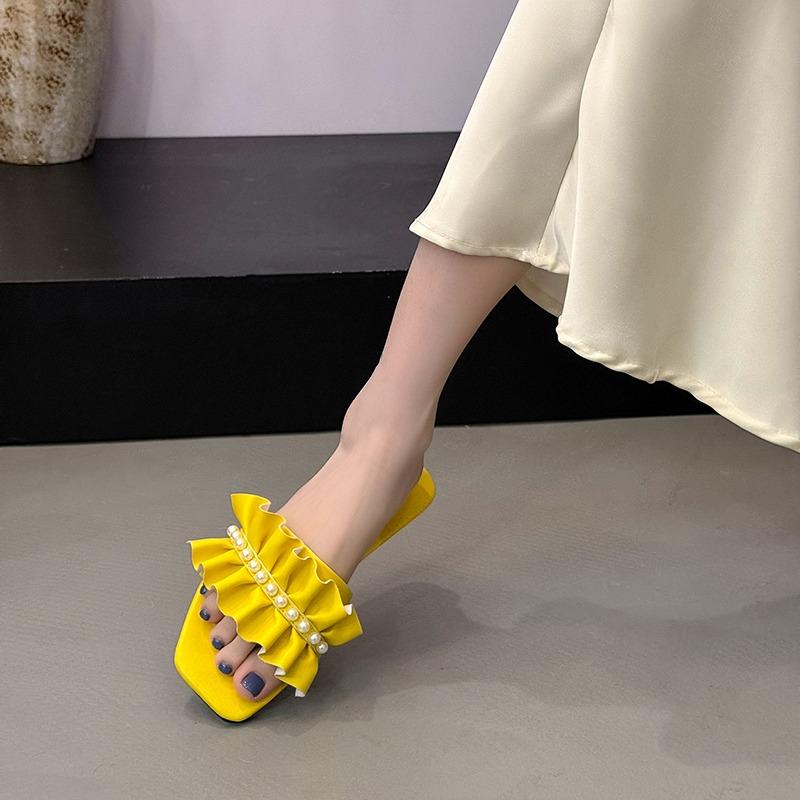 Fashion Women's Fashion Flat Shoes Summer New Square Head Shallow Mouth Beaded Soft Sole Anti-slip Wear-resistant Slippers